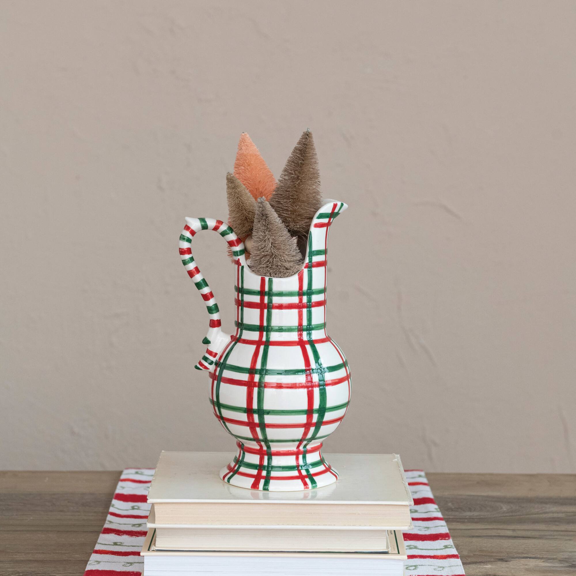 Hello Honey® 2qt. Red, Green & White Plaid Hand-Painted Stoneware Pitcher